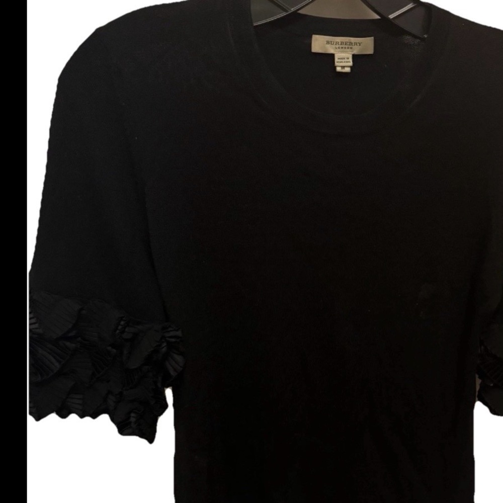 Burberry Silk Cashmere Pleated Ruffle Trim Short Sleeve Sweater M Black Top